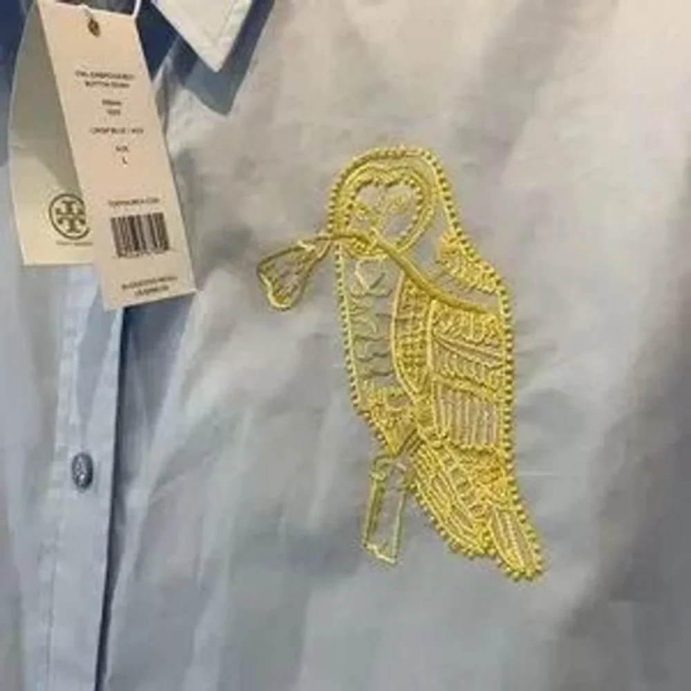 Tory Burch Button-Up Shirt Womens Size L Blue NWT Owl Embroidery Long Sleeve - Picture 7 of 12